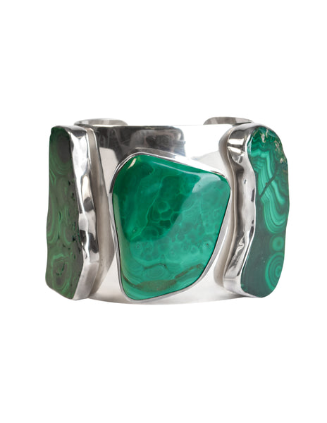 Rebecca Collins Vintage Chunky Malachite Sterling Silver Cuff Bracelet