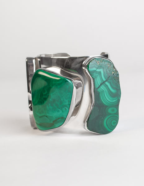 Rebecca Collins Vintage Chunky Malachite Sterling Silver Cuff Bracelet