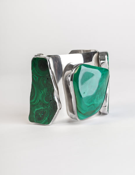 Rebecca Collins Vintage Chunky Malachite Sterling Silver Cuff Bracelet