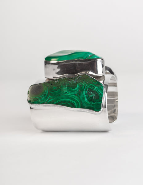 Rebecca Collins Vintage Chunky Malachite Sterling Silver Cuff Bracelet