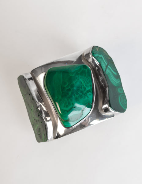 Rebecca Collins Vintage Chunky Malachite Sterling Silver Cuff Bracelet