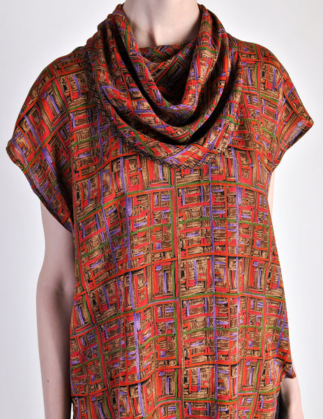 Vintage 1980s Multicolor Patterned Scarf Neck Top