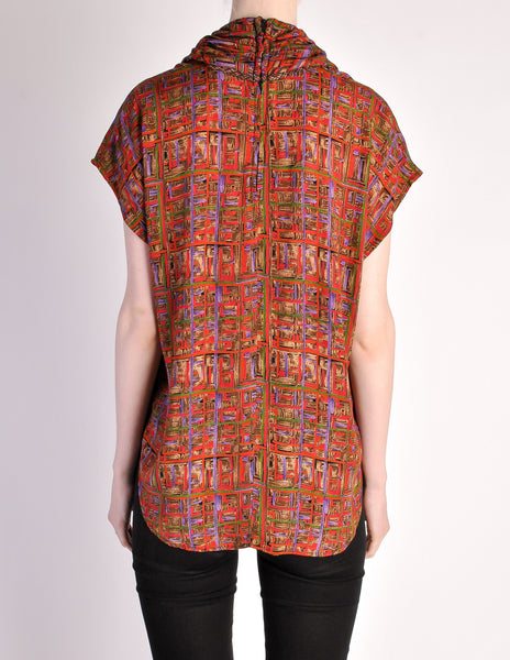 Vintage 1980s Multicolor Patterned Scarf Neck Top