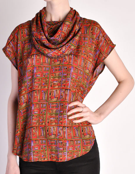 Vintage 1980s Multicolor Patterned Scarf Neck Top