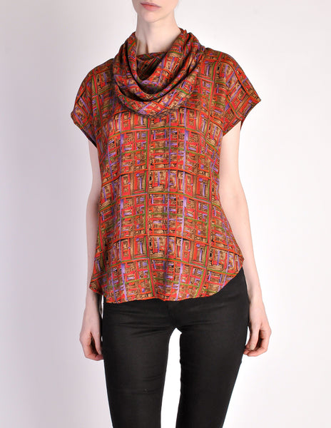 Vintage 1980s Multicolor Patterned Scarf Neck Top