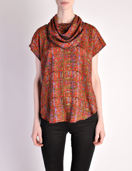 Vintage 1980s Multicolor Patterned Scarf Neck Top