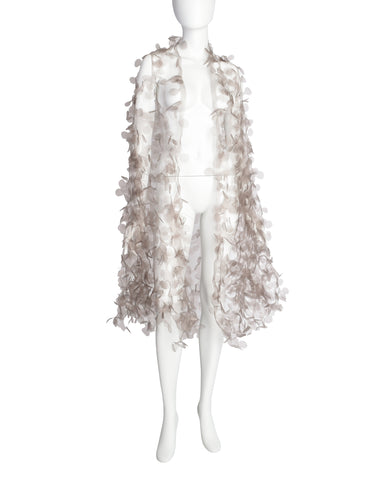 Reem Acra Grey Organza Laser Cut Petals Shawl Wrap