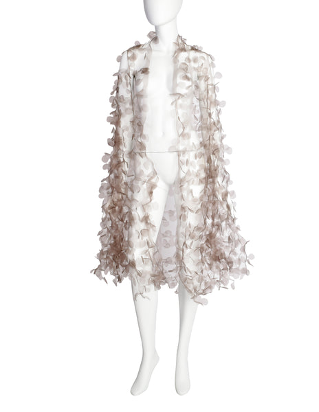 Reem Acra Grey Organza Laser Cut Petals Shawl Wrap
