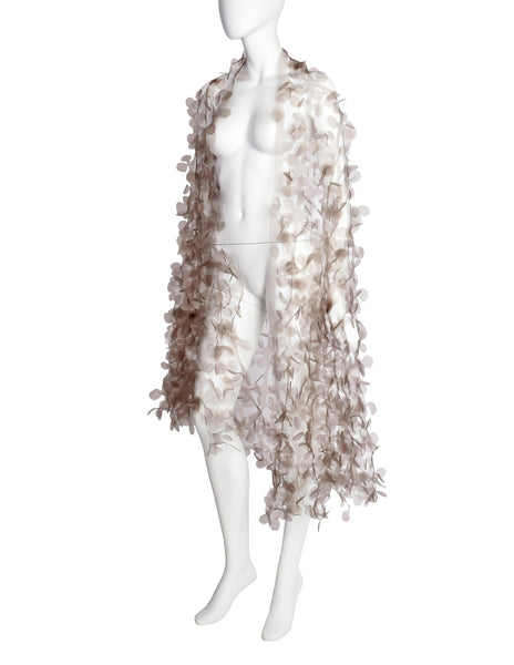 Reem Acra Grey Organza Laser Cut Petals Shawl Wrap