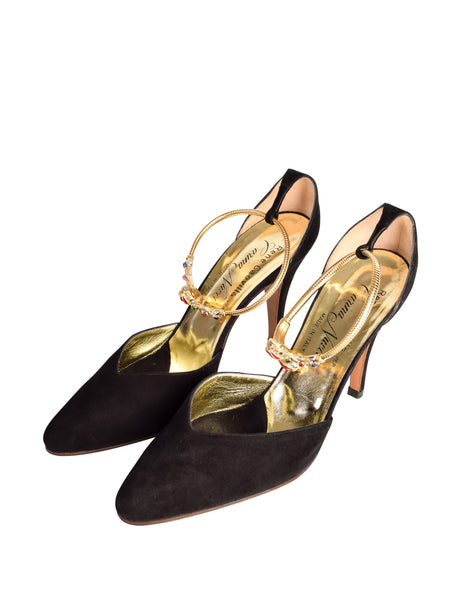 Rene Caovilla Vintage 1970s Black Suede Gold Enamel 'Bracelet' Heels
