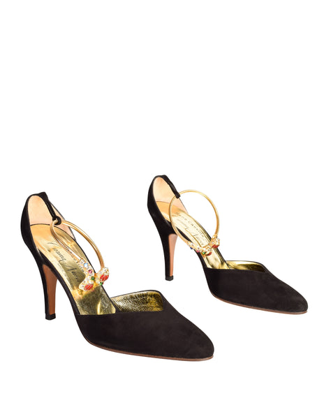 Rene Caovilla Vintage 1960s Black Suede Gold Enamel 'Bracelet' Heels
