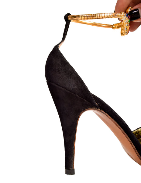Rene Caovilla Vintage 1960s Black Suede Gold Enamel 'Bracelet' Heels