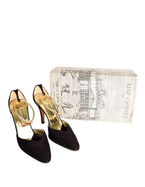 Rene Caovilla Vintage 1960s Black Suede Gold Enamel 'Bracelet' Heels