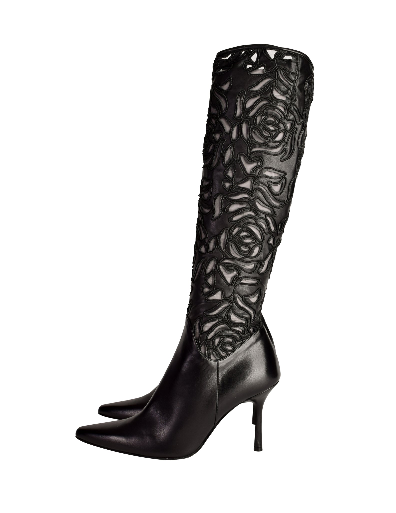 Richard Tyler Vintage Black Leather Embroidered Mesh Cutout Pointed Toe Stiletto Knee High Boots