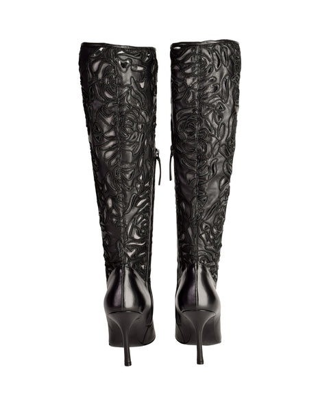 Richard Tyler Vintage Black Leather Embroidered Mesh Cutout Pointed Toe Stiletto Knee High Boots