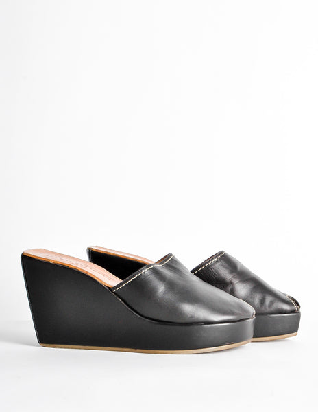 Robert Clergerie Vintage Black Leather Peep Toe Platform Mules - Amarcord Vintage Fashion
 - 4