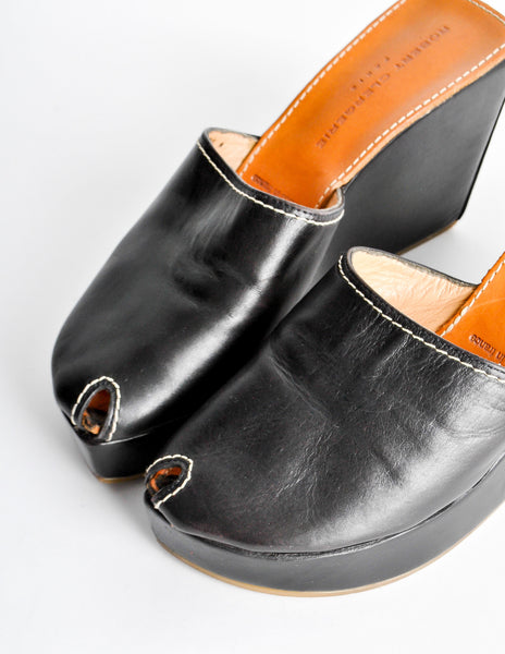 Robert Clergerie Vintage Black Leather Peep Toe Platform Mules