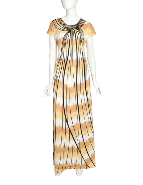 Roberta di Camerino Vintage 1977 Beige White Trompe L'oeil Maxi Dress