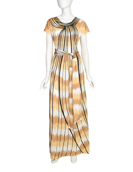 Roberta di Camerino Vintage 1977 Beige White Trompe L'oeil Maxi Dress