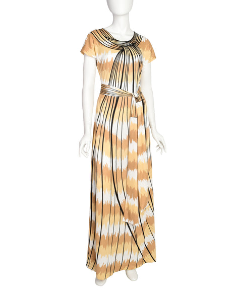 Roberta di Camerino Vintage 1977 Beige White Trompe L'oeil Maxi Dress