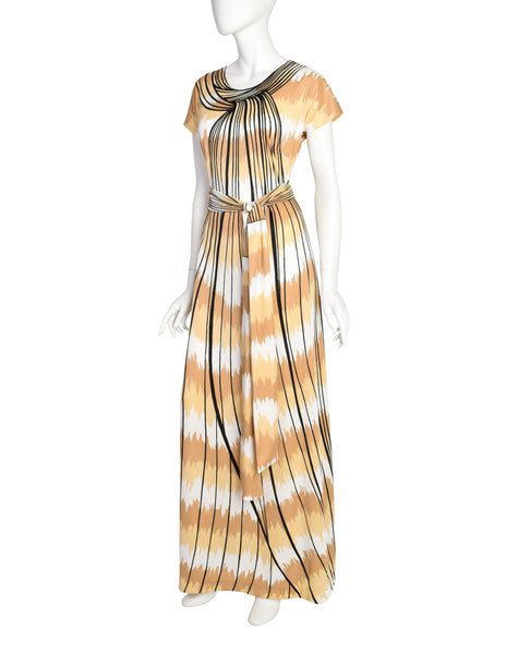 Roberta di Camerino Vintage 1977 Beige White Trompe L'oeil Maxi Dress