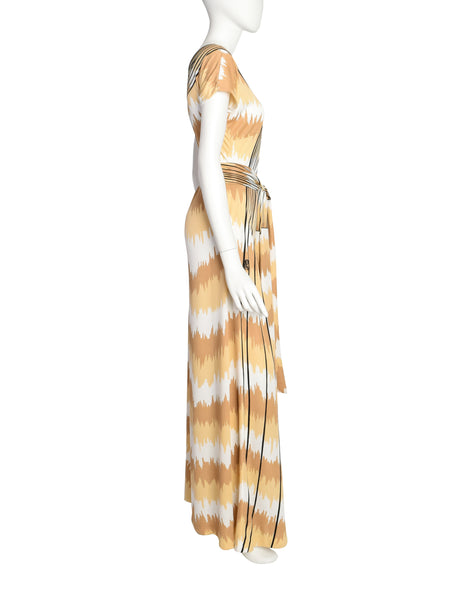 Roberta di Camerino Vintage 1977 Beige White Trompe L'oeil Maxi Dress