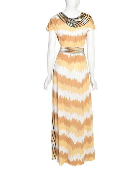 Roberta di Camerino Vintage 1977 Beige White Trompe L'oeil Maxi Dress
