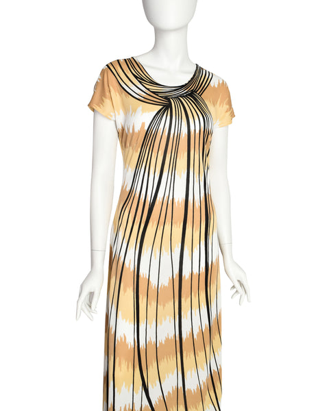 Roberta di Camerino Vintage 1977 Beige White Trompe L'oeil Maxi Dress