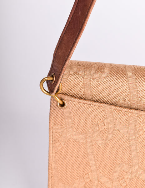 Roberta di Camerino Vintage 1970s Brown Belt Jacquard Horsebit Flap Shoulder Bag