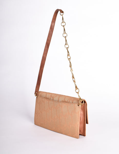 Roberta di Camerino Vintage 1970s Brown Belt Jacquard Horsebit Flap Shoulder Bag