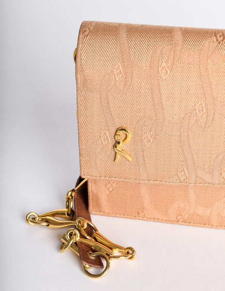 Roberta di Camerino Vintage 1970s Brown Belt Jacquard Horsebit Flap Shoulder Bag