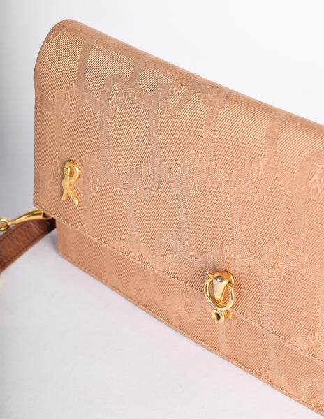 Roberta di Camerino Vintage 1970s Brown Belt Jacquard Horsebit Flap Shoulder Bag