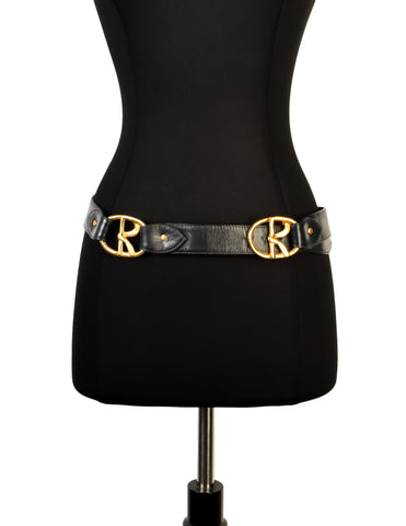 Roberta di Camerino Vintage Deep Navy Blue Leather Brass R Logo Belt