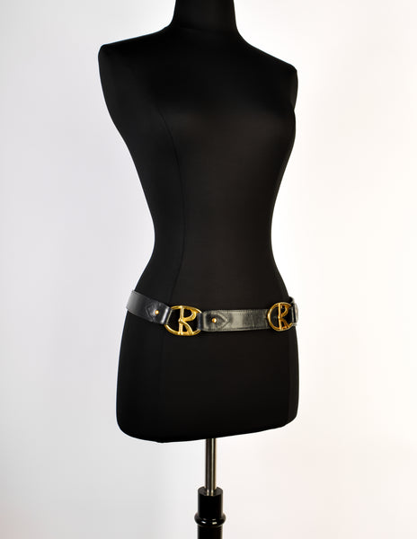 Roberta di Camerino Vintage Deep Navy Blue Leather Brass R Logo Belt