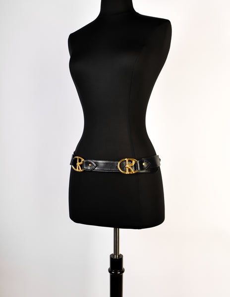 Roberta di Camerino Vintage Deep Navy Blue Leather Brass R Logo Belt