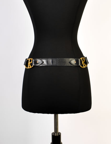 Roberta di Camerino Vintage Deep Navy Blue Leather Brass R Logo Belt