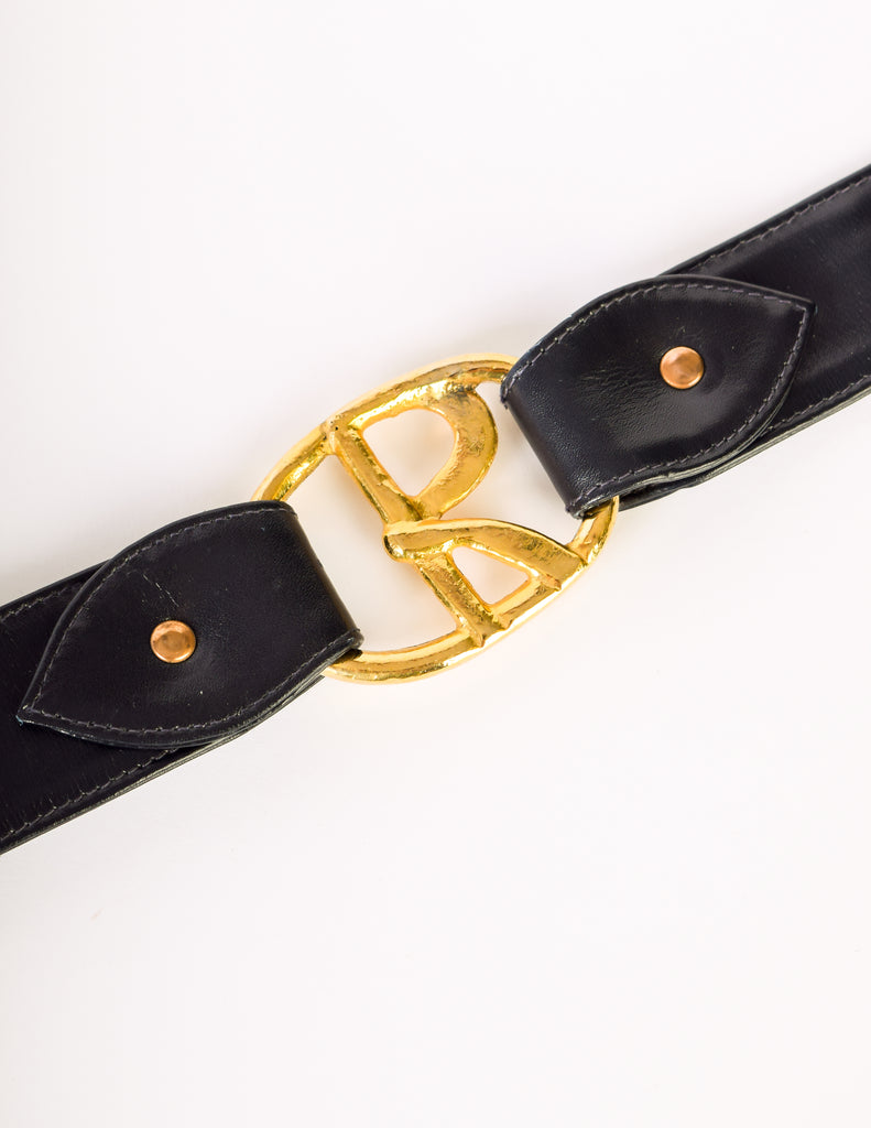 Roberta di Camerino Vintage Deep Navy Blue Leather Brass R Logo Belt ...