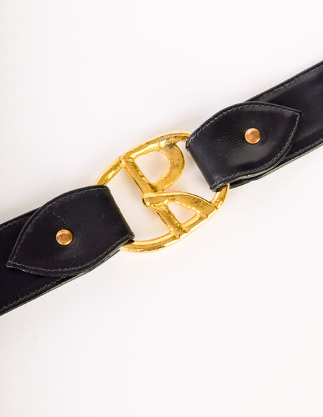 Roberta di Camerino Vintage Deep Navy Blue Leather Brass R Logo Belt