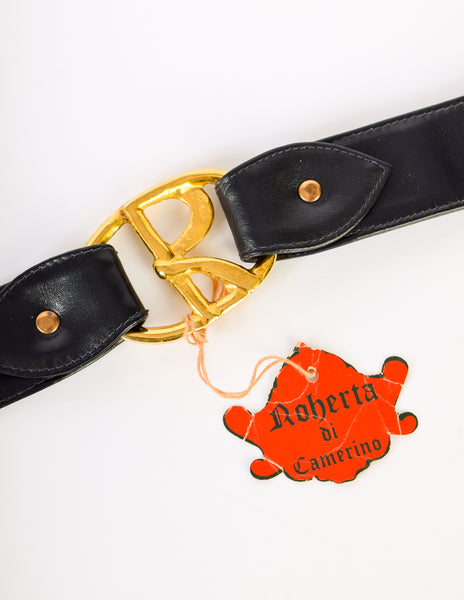 Roberta di Camerino Vintage Deep Navy Blue Leather Brass R Logo Belt