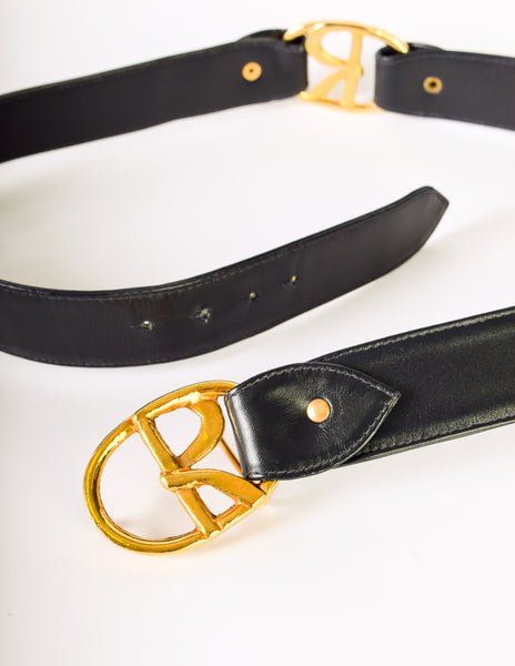 Roberta di Camerino Vintage Deep Navy Blue Leather Brass R Logo Belt
