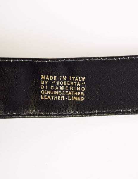 Roberta di Camerino Vintage Deep Navy Blue Leather Brass R Logo Belt