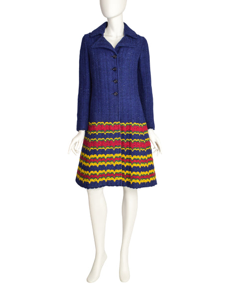 Roberta di Camerino Vintage 1970s Blue Red Yellow Green Wool Woven Yarn Coat