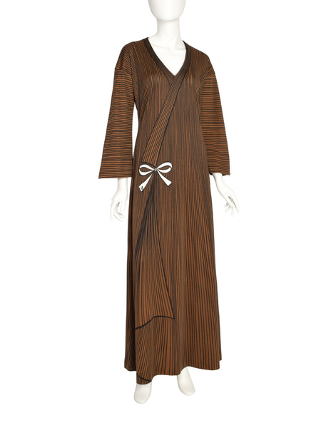 Roberta di Camerino Vintage 1978 Brown Trompe L'oeil Bow Maxi Dress