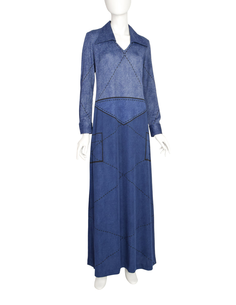 Roberta Di Camerino Vintage Denim Look Trompe L'oeil Maxi Dress Roberta Di Camerino Vintage Denim Look Trompe L'oeil Maxi Dress