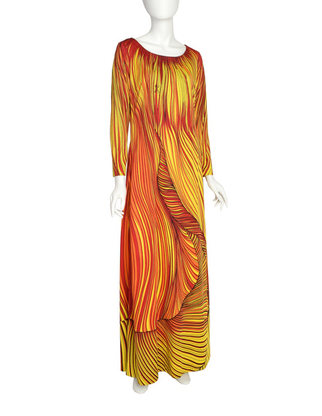 Roberta di Camerino Vintage 1977 Firey Red Orange Yellow Trompe L'oeil Maxi Dress