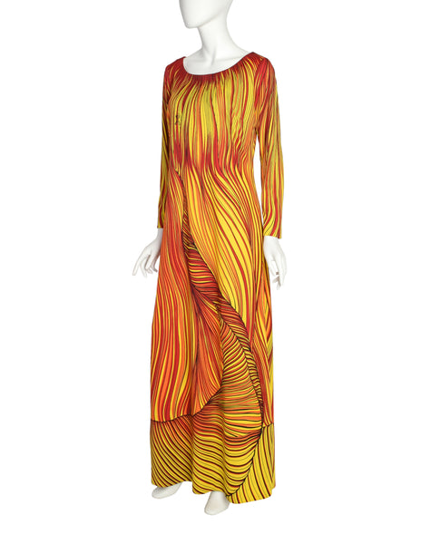 Roberta di Camerino Vintage 1977 Firey Red Orange Yellow Trompe L'oeil Maxi Dress