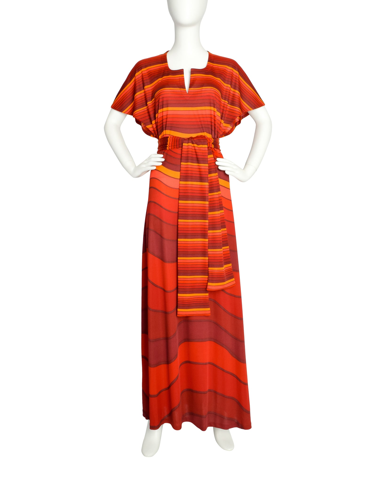 Roberta di Camerino Vintage 1978 Firey Red and Orange Striped Waves Maxi Dress