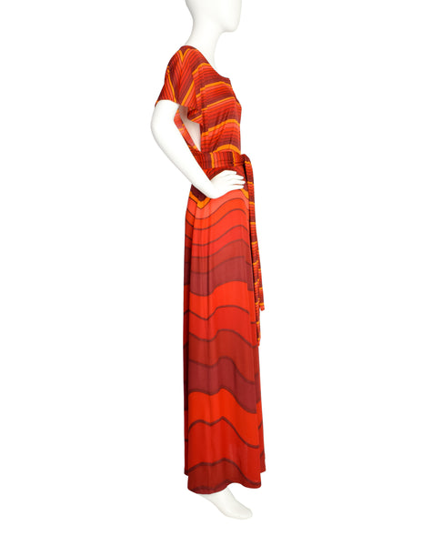 Roberta di Camerino Vintage 1978 Firey Red and Orange Striped Waves Maxi Dress