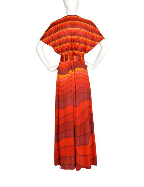 Roberta di Camerino Vintage 1978 Firey Red and Orange Striped Waves Maxi Dress