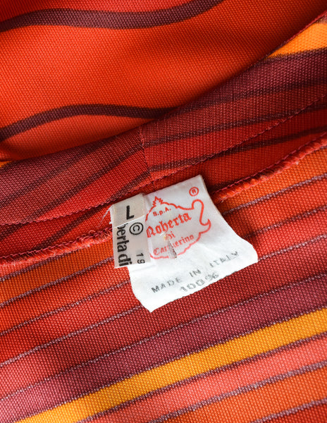 Roberta di Camerino Vintage 1978 Firey Red and Orange Striped Waves Maxi Dress